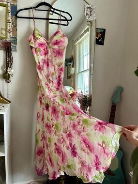 vintage Pink floral fairy maxi dress with embroidered sequin straps and ruffles